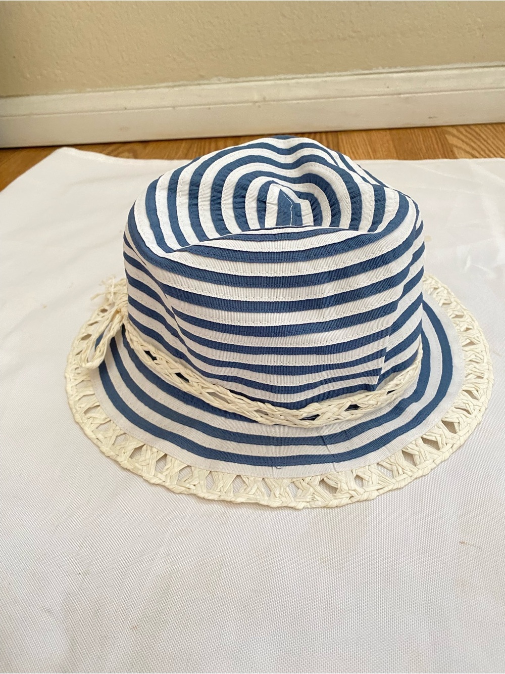 White blue Stripe Straw Hat Made in Italy.
